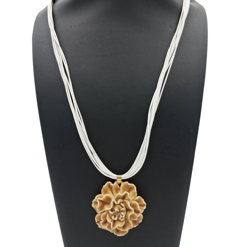 Porcelain Look Carnation Pendant Necklace White Leather Cord 24" Floral Carnation