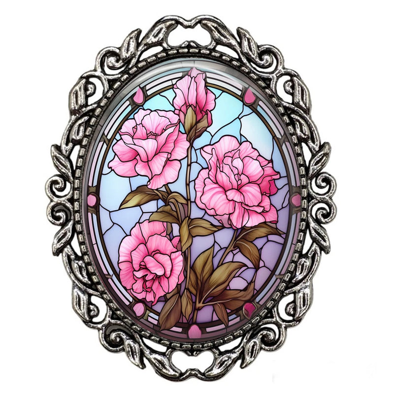 January Birth Month Flower Faux Stained Glass Art Print Carnation Flowers Brooch Carnation