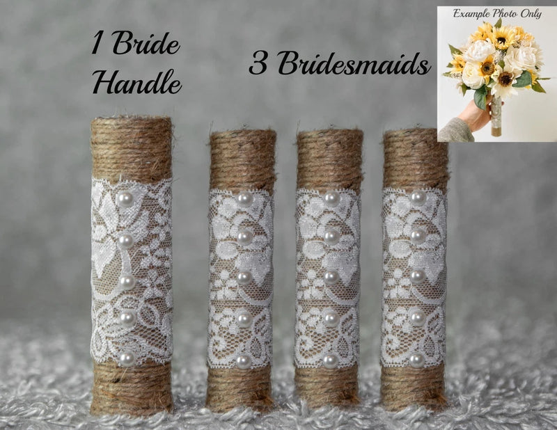 4pc Twine Burlap Lace Wedding Bouquet Holder Bride DIY For Silk Sola Flowers Bouquet