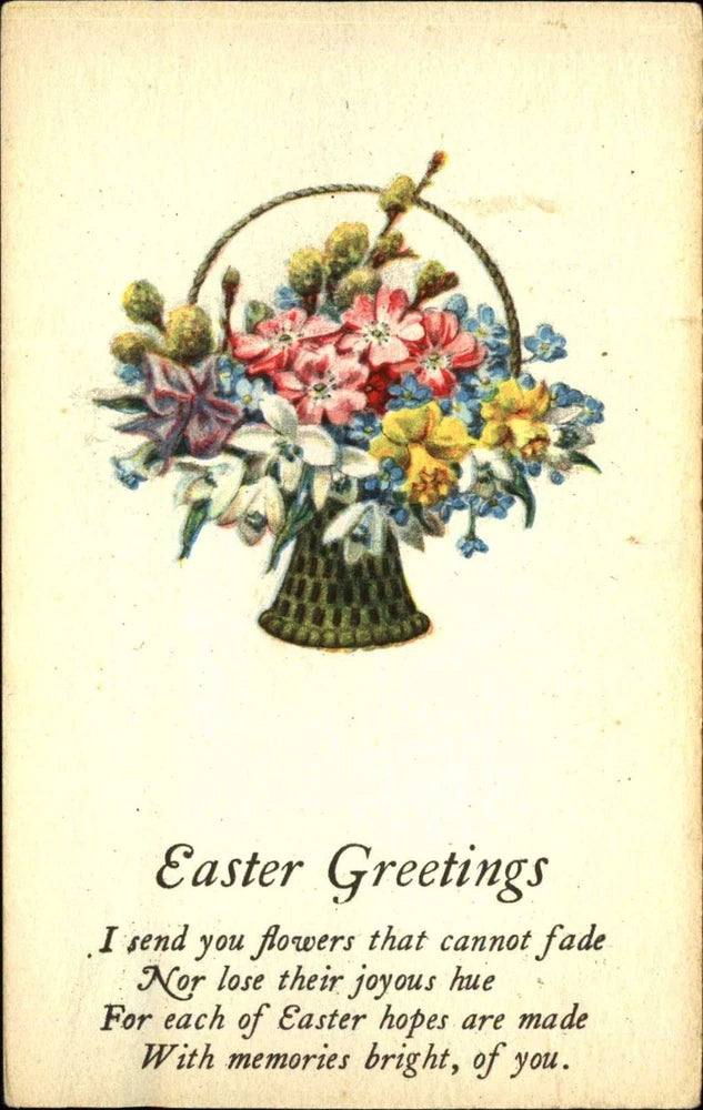 Easter postcard ~ flowers bouquet basket ~ pussy willow forget me nots lilies Lily