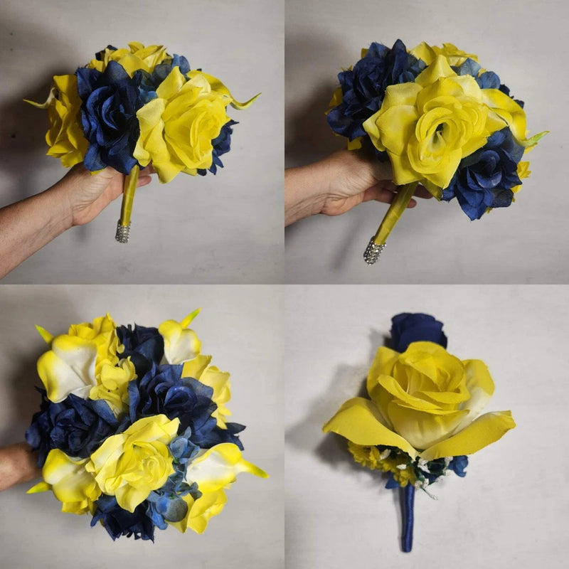 Yellow Navy Blue Rose Calla Lily Bridal Wedding Bouquet Accessories Bouquet