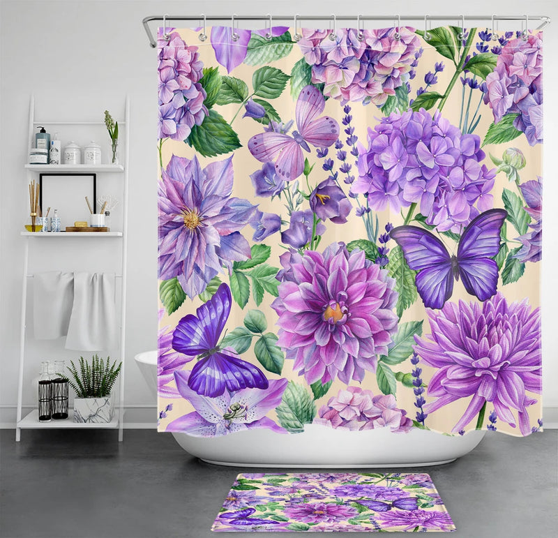 Butterfly Purple Hydrangea Flower Beige Shower Curtain Set for Bathroom Decor Hydrangea