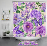 Butterfly Purple Hydrangea Flower Beige Shower Curtain Set for Bathroom Decor Hydrangea