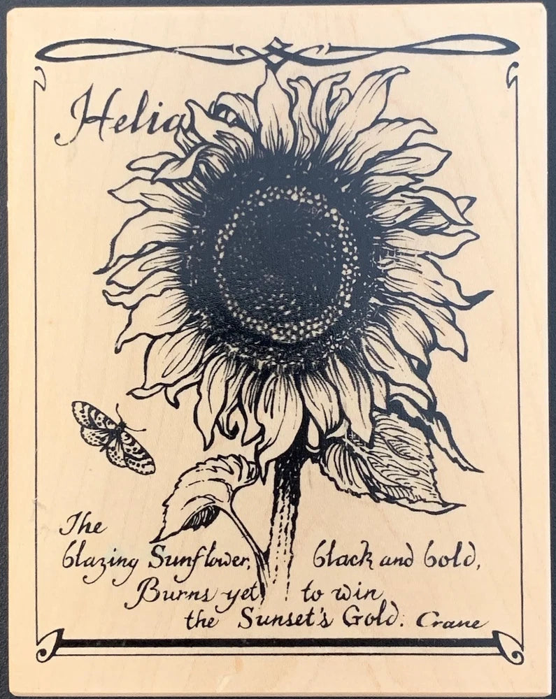 Sunflower script rubber stamp with dark blue sunflower, butterfly, and quote text on wood