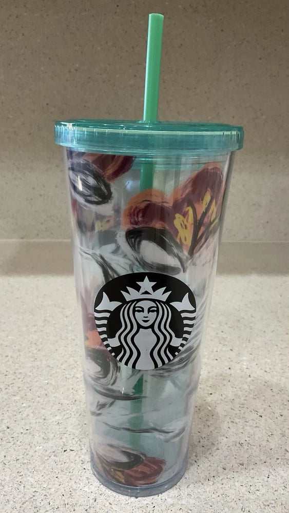 STARBUCKS peony cold cup tumbler with green straw, clear plastic with peony artwork