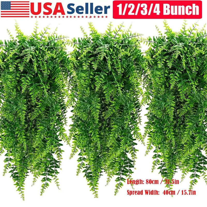 1/2/4Bunches Artificial Fake Ferns Green Leaves Vine Hanging Garland Plant Decor Green Plant
