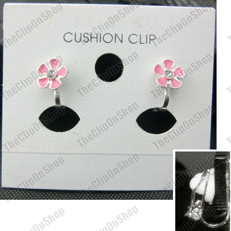 PINK DAISY CLIPS flower SILVER PLATED clip on EARRINGS small fake studs DAISIES Daisies