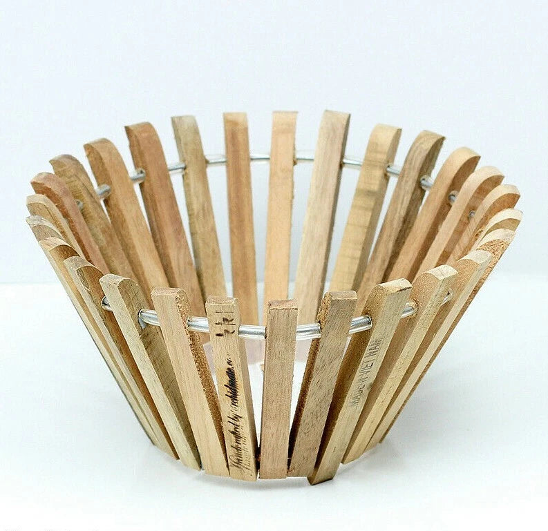 Round hanging wooden orchid basket with vertical slats and metal hanging ring