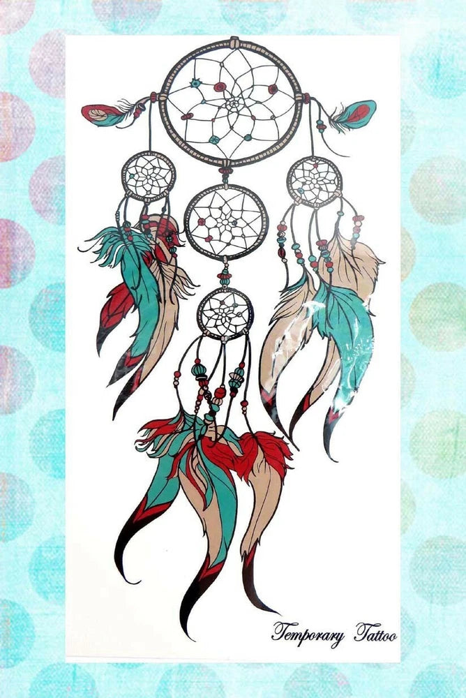 Temporary peony bird dreamcatcher tattoo design with dangling beads and feathers