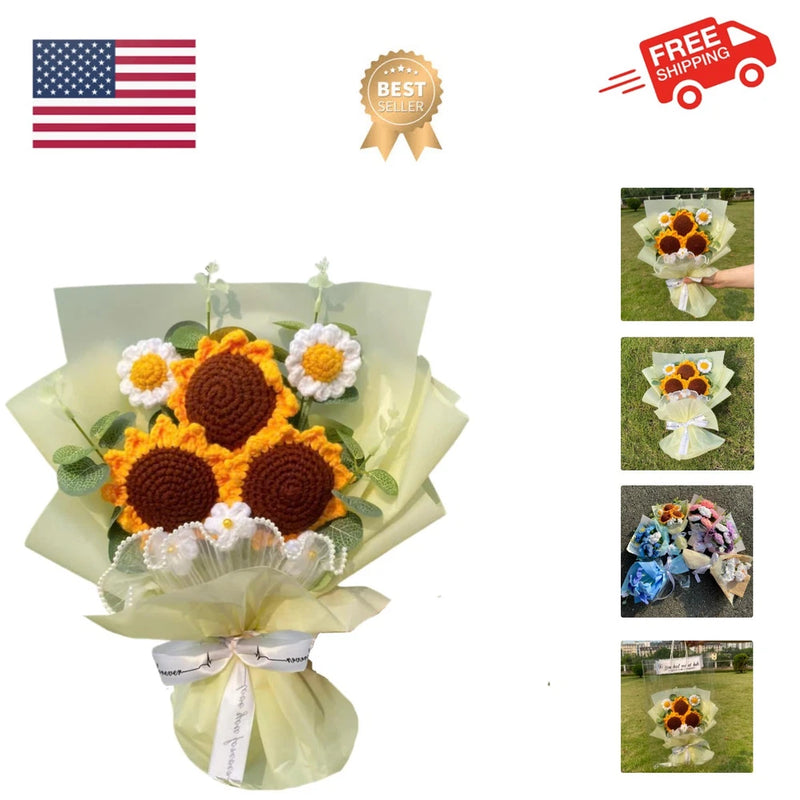 Handmade crochet sunflower bouquet with yellow and orange flowers, wrapped in pale green