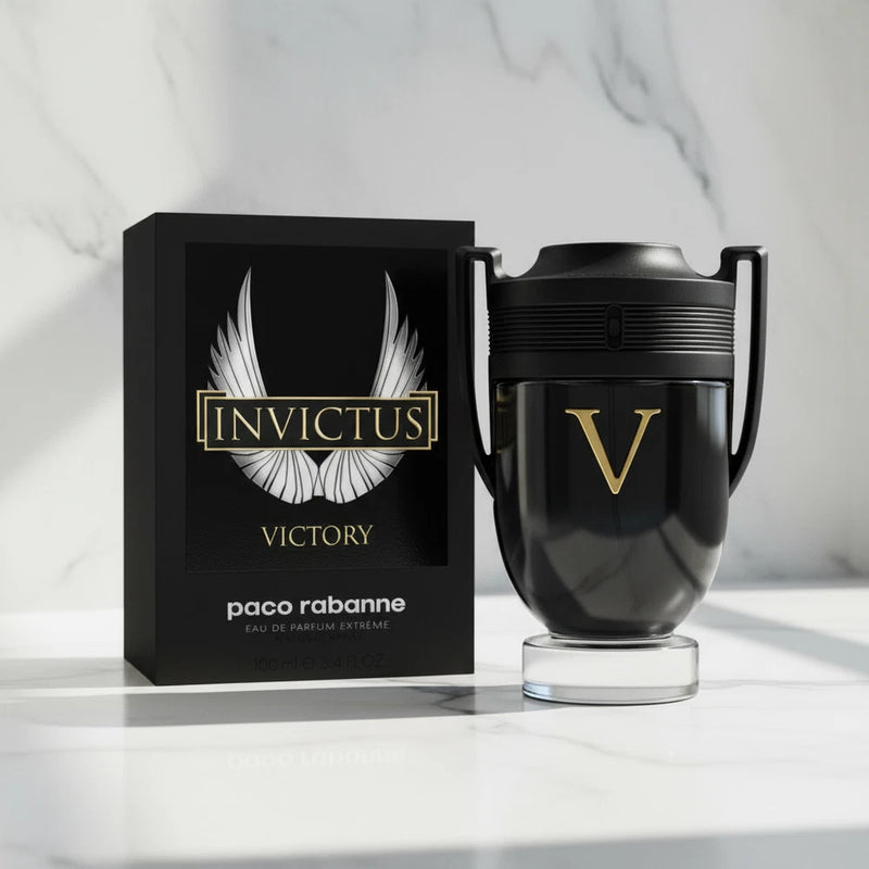 Men's Paco Rabanne Invictus Victory EDP gift set with black gold logo box and bottle
