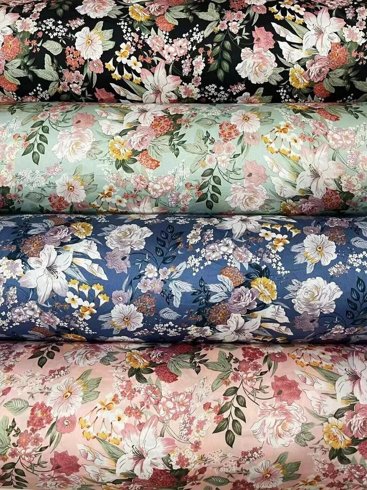 1Yard X 1.48meter Silky Crepe Satin Fabric Charmeuse Scarf Material Vintage Flowering Plants