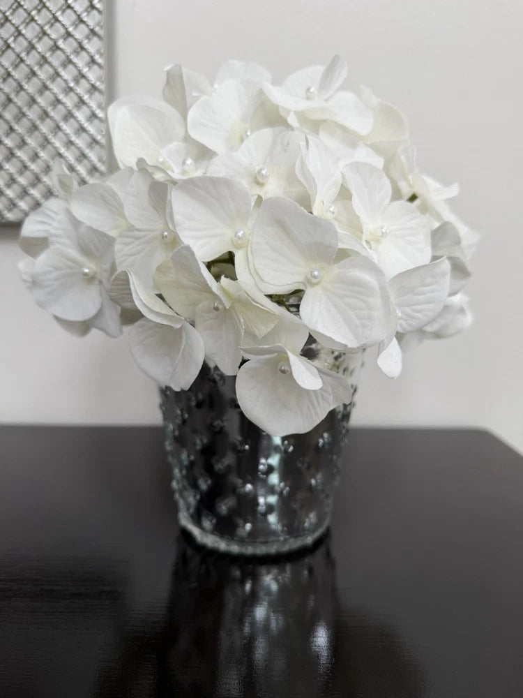white faux hydrangea arrangement featuring silk flowers accented w/ pearl beads Hydrangea