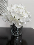 white faux hydrangea arrangement featuring silk flowers accented w/ pearl beads Hydrangea