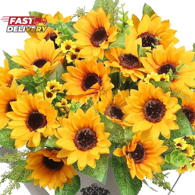 Artificial sunflower bouquet with bright yellow blooms, dark centers, and green leaves