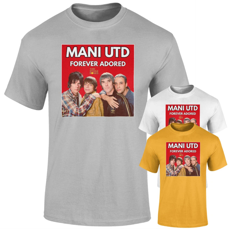Gray unisex T-shirt with red square photo graphic, “MANI UTD” and “FOREVER ADORED” text