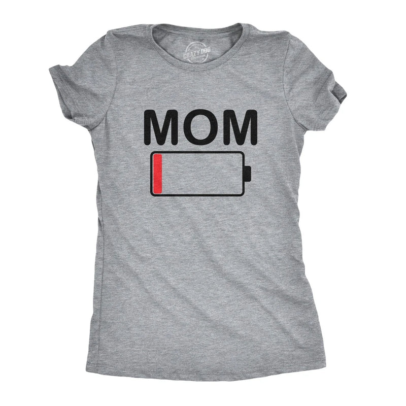 Women's grey graphic T-shirt with 'MOM' text and low battery icon