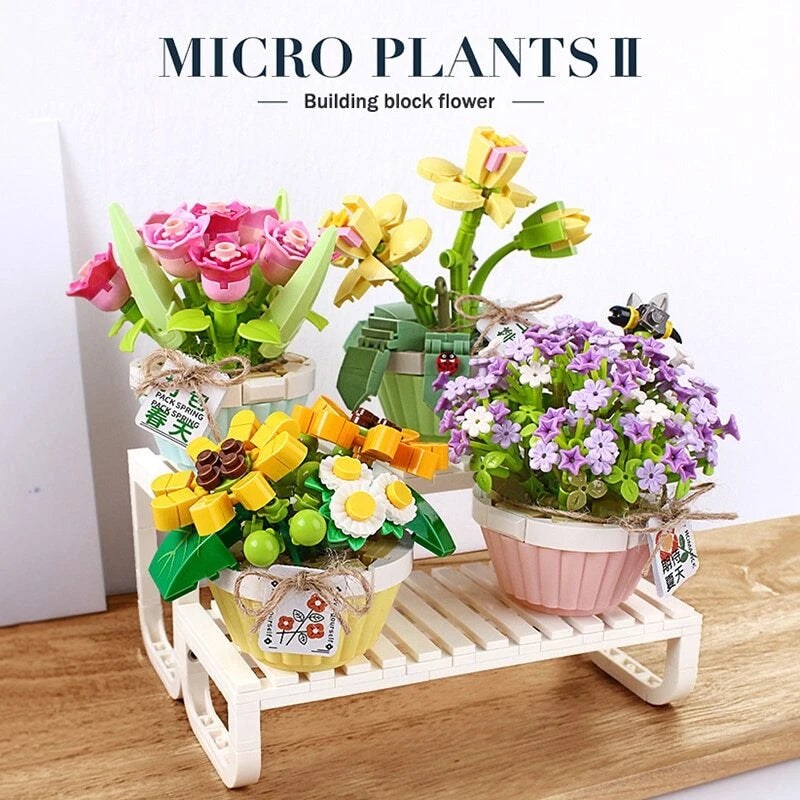Mini Bonsai Building Blocks Flower DIY Green Plant Bouquet Potted Flower Block Flowering Plants