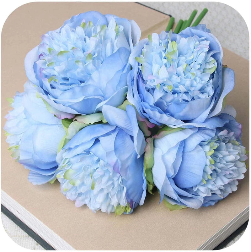 Light blue artificial peony bouquet with 5 layered flower heads and green leaves