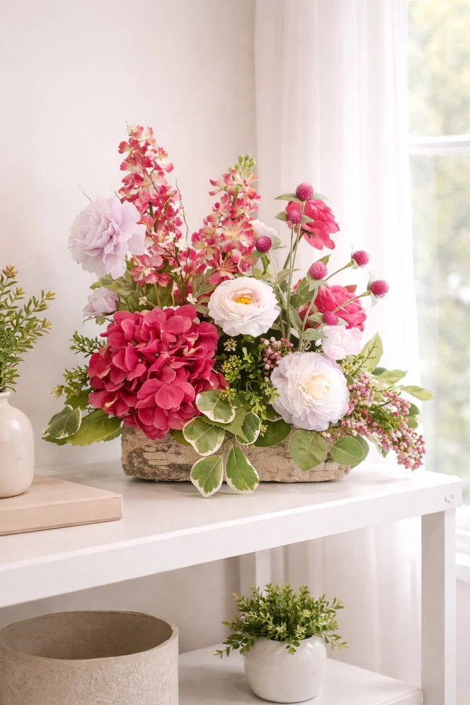 Pink Hydrangea Floral Arrangement, Spring Arrangement, Pink and White Ranunculus