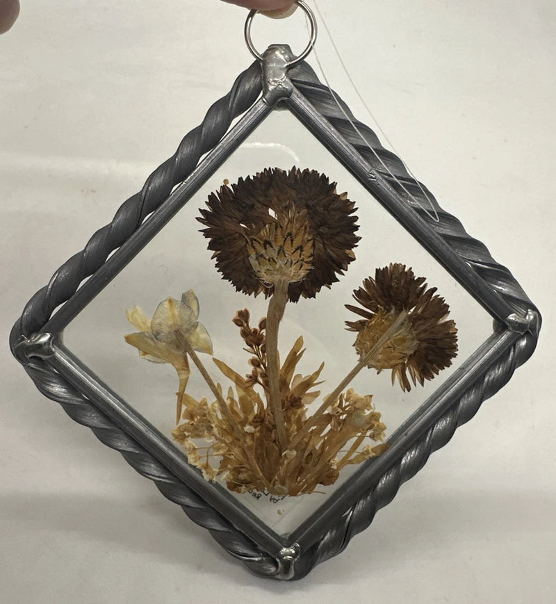 Vintage hanging dried pressed flower glass frame with dark metal diamond border