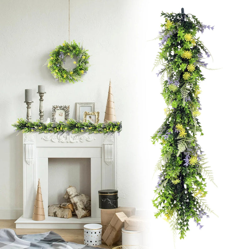 Artificial hanging ivy garland with green and purple faux leaves and flowers