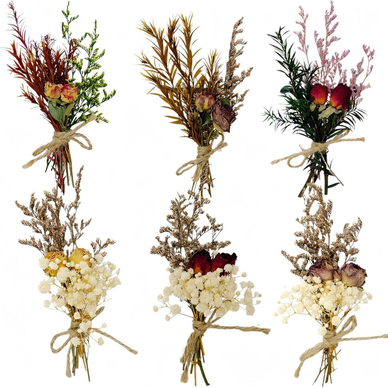 Set of mini dried flower bouquets, mixed colors, tied with twine bows