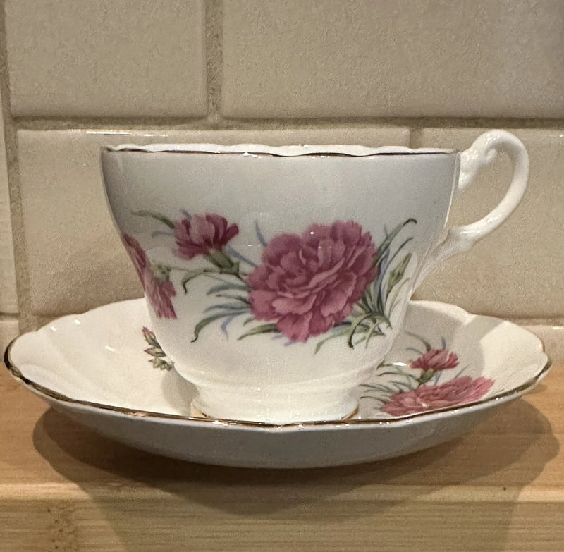 Tea Cup and Saucer Set by Regency -  Pink Carnation - Vintage Bone China Carnation