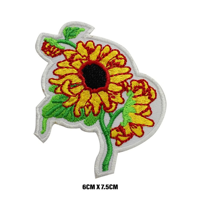 Embroidered sunflower applique patch with green stem and leaves, round yellow petals.