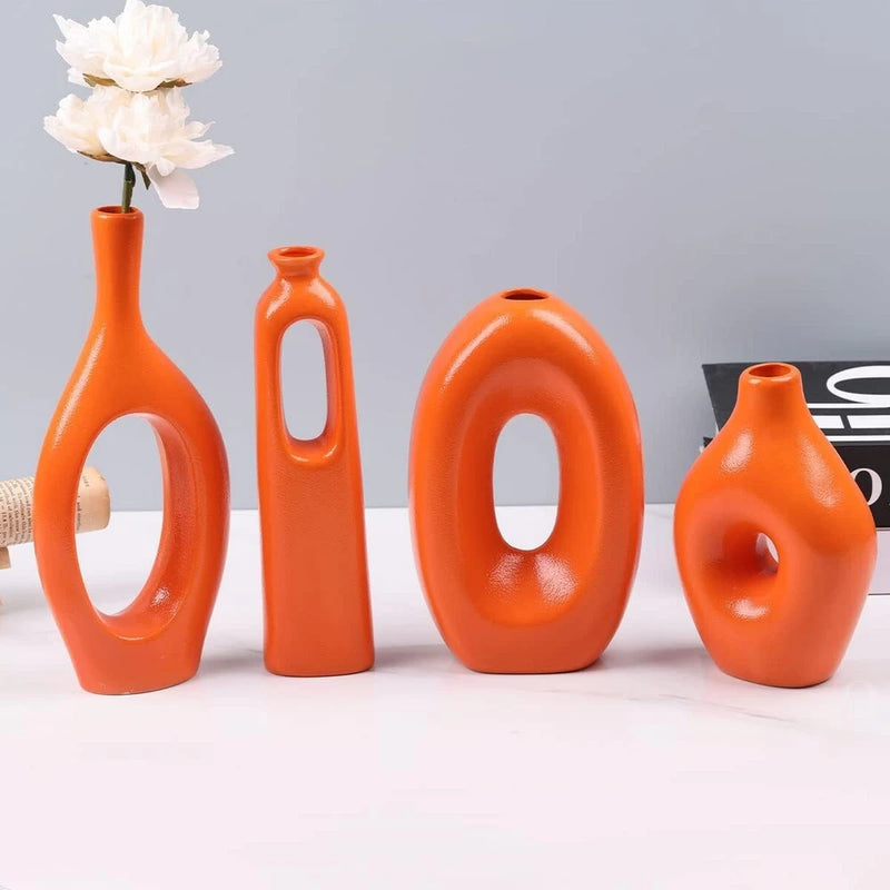 Orange Ceramic Vase Set of 4 Round Hollow Boho Vases Pampas Grass Flowers Gift Pampas Grass