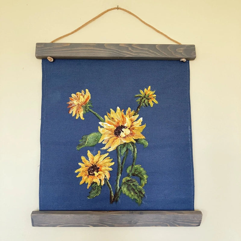 Blue fabric wall scroll banner tapestry with hand-painted sunflower bouquet and wooden ends