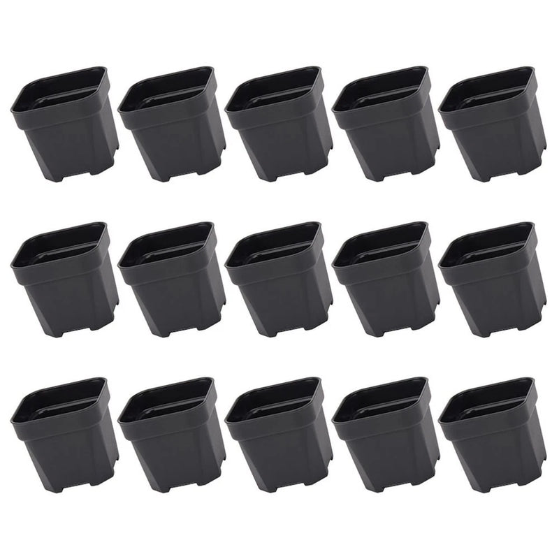 Set of 15 small black plastic nursery planter pots with square sides