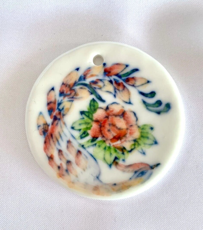 Hand Painted Phoenix & Peony Flower Large Flat Back Round Ceramic Pendant Peony