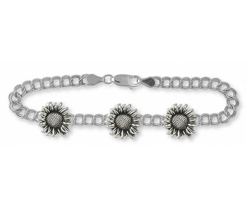 Sterling silver sunflower bracelet with three flower charms on link chain