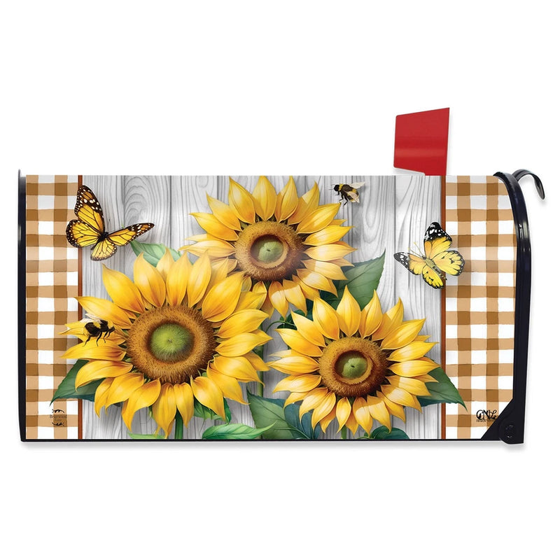 Sunflower mailbox cover with duo yellow blooms, butterflies, and black gingham trim