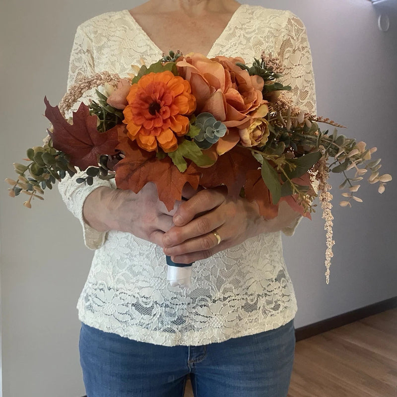 Bridal Bouquet Exquisite Budget Handmade Faux Floral Lovely Fall Red/Orange Pink Bouquet