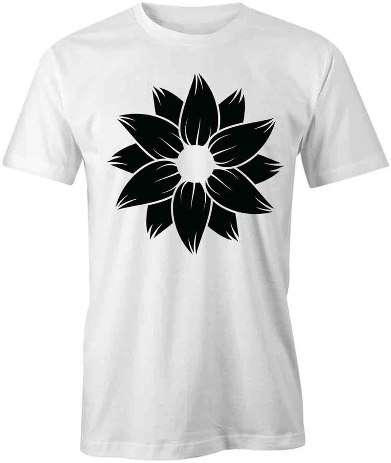 White short-sleeve cotton T-shirt with large black sunflower flower graphic
