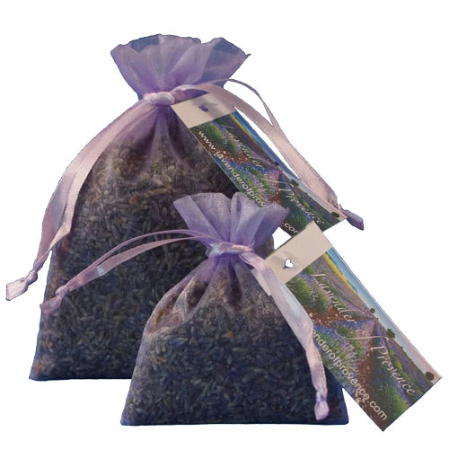Organic French lavender in lavender organza drawstring sachets, two pouches