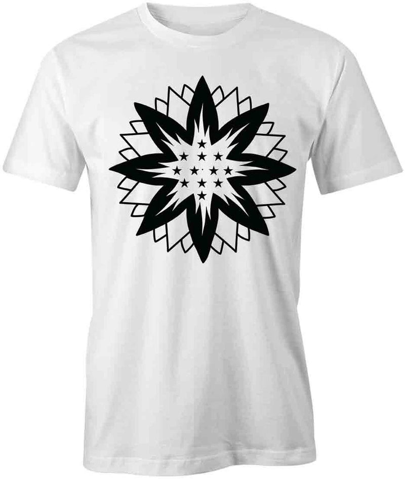 White cotton T-shirt with black sunflower starburst graphic, short sleeves