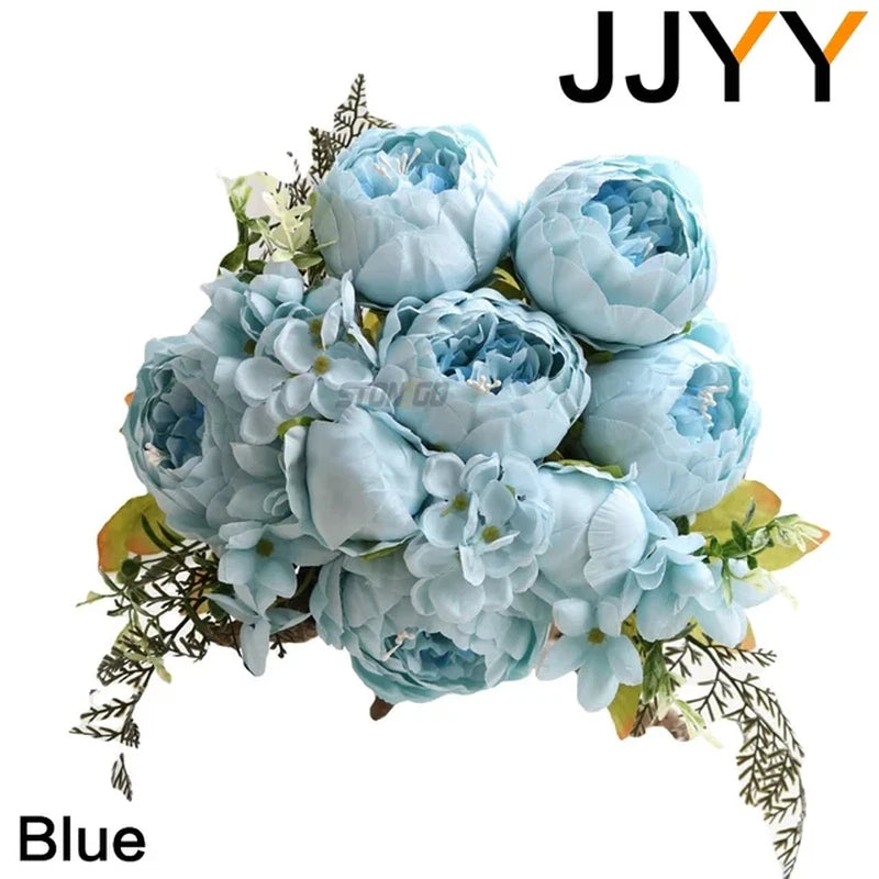 Blue artificial peony flower bouquet, 13 heads with green leaves