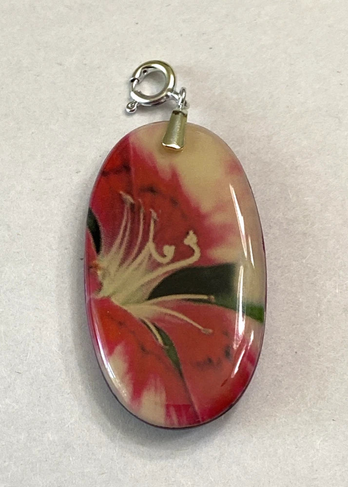 Vintage Hand Painted Lily on Agate Gemstone 925 Silver Bail Flower Lily