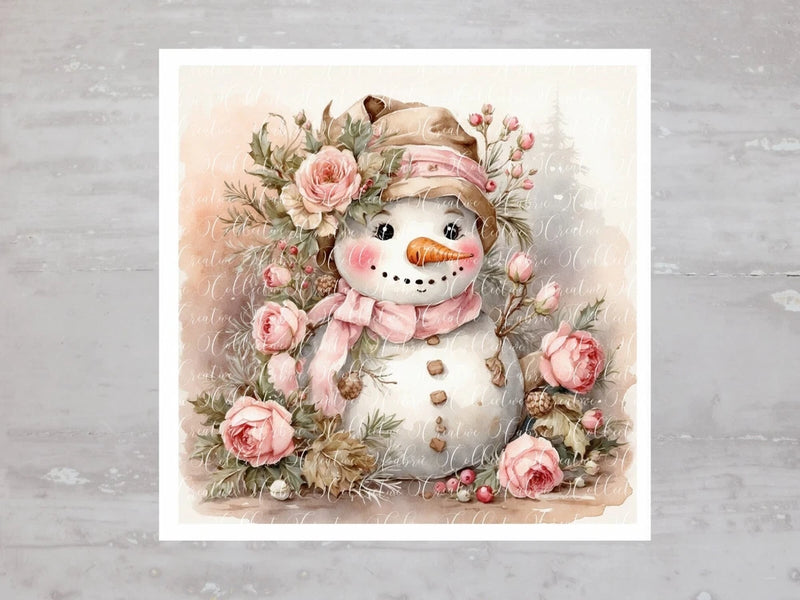 Snowman fabric panel with pink roses, floral wreath, and carrot nose