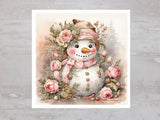 Shabby Cottagecore Pink Roses Snowman Fabric Panel Craft Sewing Quilt Block A428 Roses
