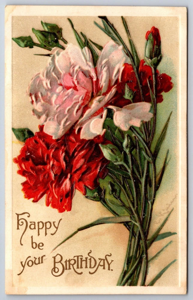 Embossed carnation greeting card with red and pink flowers and green leaves