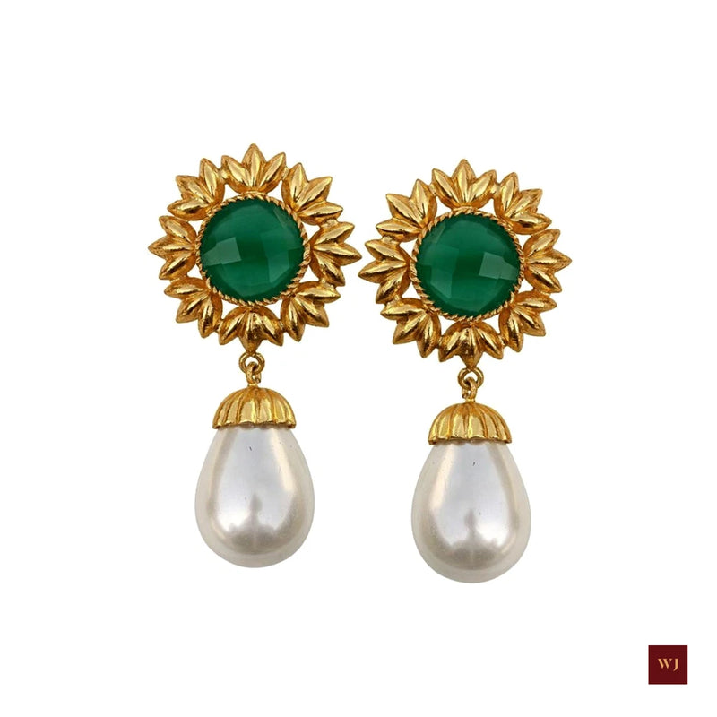 Drop Earrings Pearl Earrings Green Onyx Gold Sunflower Best Gift for GF Sunflower