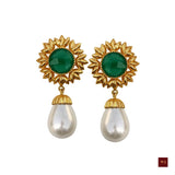 Drop Earrings Pearl Earrings Green Onyx Gold Sunflower Best Gift for GF Sunflower