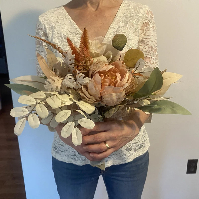 Bridal Wedding Bouquet Budget Friendly Handmade Faux Flowers White Pink Orange Bouquet