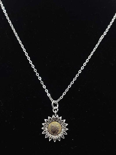 Sunflower steel pendant necklace with silver-tone chain and round sunflower charm