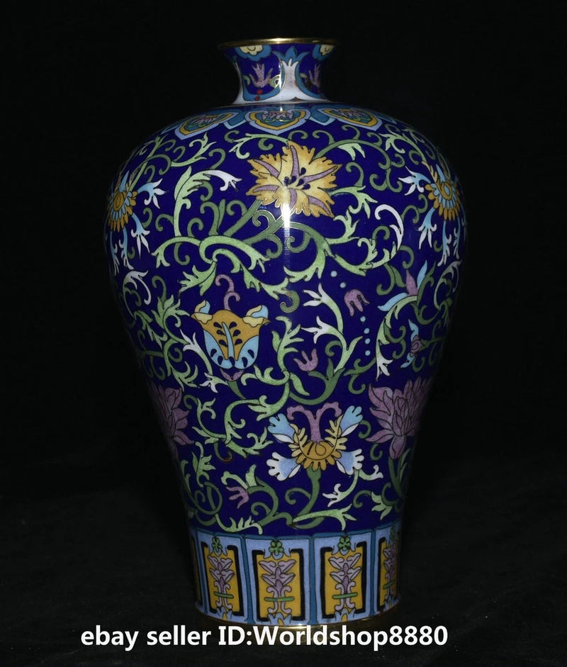 Blue cloisonne enamel peony flower bottle vase with leaf pattern and gilded base trim