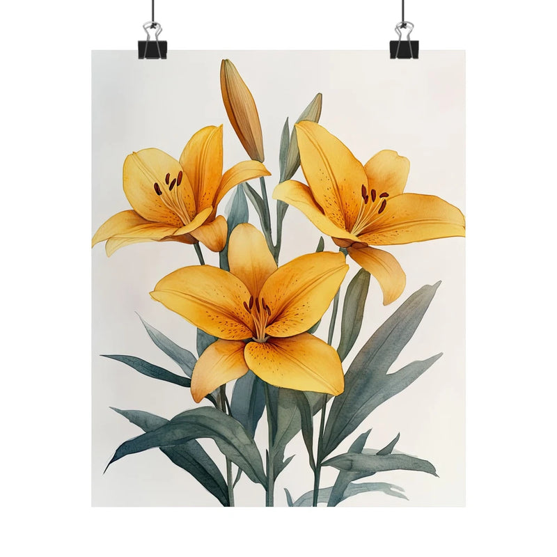 Yellow lily flower art print poster with green leaves and stems